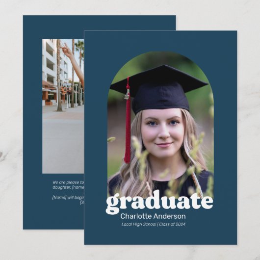 Trendy Retro Afstuderen Aankondiging in Navy (Voorkant / Achterkant)