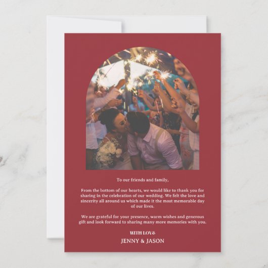 Trendy Retro Arch Rood Huwelijksfoto Dank u Kaart (Achterkant)