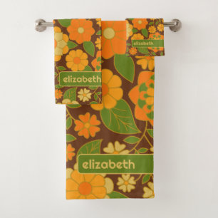 Trendy Retro Bloemen Patroon Aangepaste naam blok Bad Handdoek