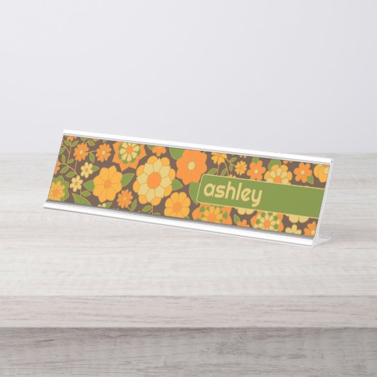 Trendy Retro Bloemen Patroon Aangepaste naam blok Bureau Naambordje (Voorkant)