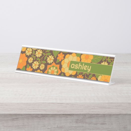 Trendy Retro Bloemen Patroon Aangepaste naam blok Bureau Naambordje (Voorkant)