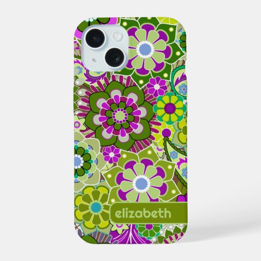 Trendy Retro Bloemen Patroon aangepaste naam blok iPhone 15 Case (Achterkant)