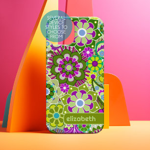 Trendy Retro Bloemen Patroon aangepaste naam blok iPhone 15 Case