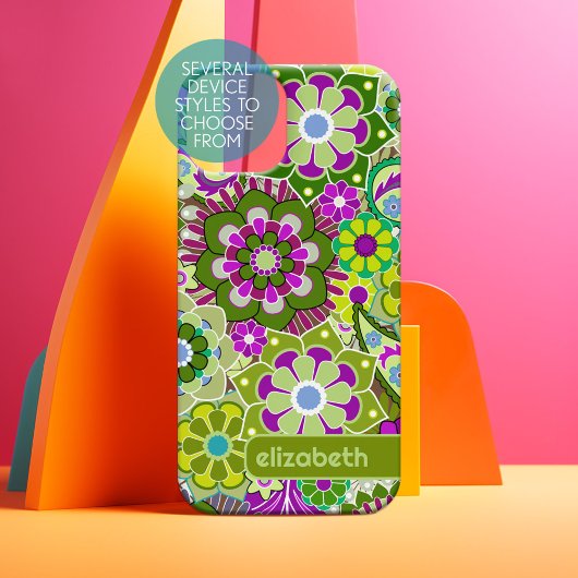 Trendy Retro Bloemen Patroon aangepaste naam blok iPhone 15 Case