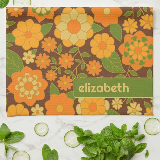 Trendy Retro Bloemen Patroon Aangepaste naam blok Theedoek (Gevouwen)