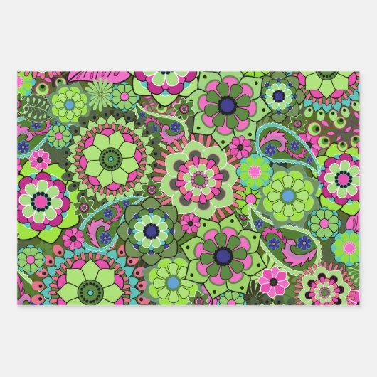 Trendy Retro Bloemen Patroon - kleurrijk Inpakpapier Vel (Voorkant 3)