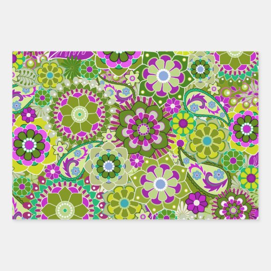 Trendy Retro Bloemen Patroon - kleurrijk Inpakpapier Vel (Voorkant)