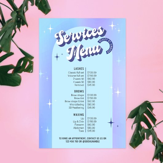 Trendy Retro Blue Holographic Salon Services Menu Poster