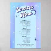 Trendy Retro Blue Holographic Salon Services Menu Poster (Voorkant)