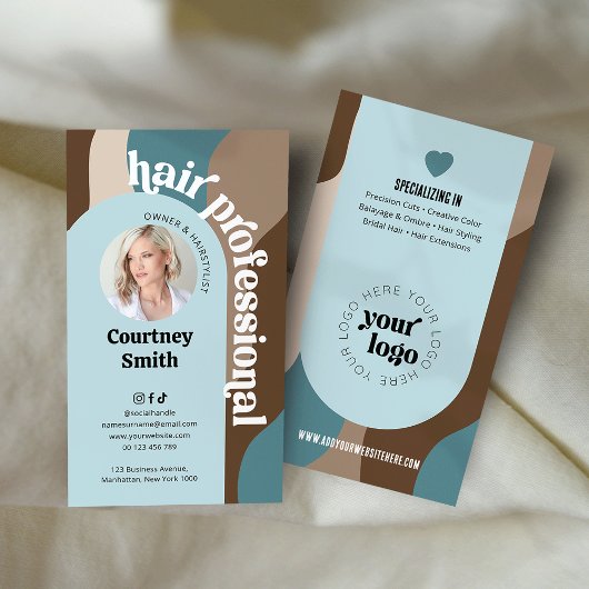 Trendy Retro Blue & Taupe Hair Stylist Salon Foto Visitekaartje