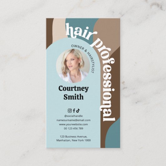 Trendy Retro Blue & Taupe Hair Stylist Salon Foto Visitekaartje (Voorkant)