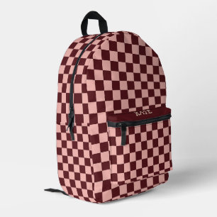 Trendy Retro Bourgondië en Roze Schaakbord Persoon Bedrukte Rugzak