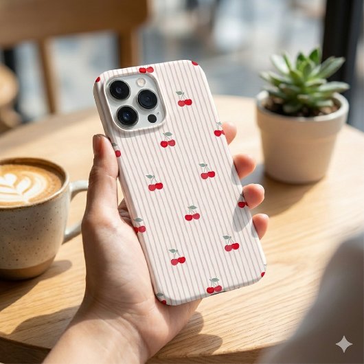 Trendy Retro Coquette Red Cherries Pinstripe Case-Mate iPhone Case