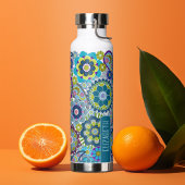 Trendy Retro Floral Pattern met naam - blauw groen Waterfles