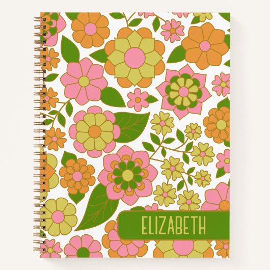 Trendy Retro Floral Pattern met name block Notitieboek (Voorkant)