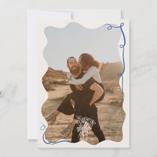 Trendy retro Frans blauw geïllustreerde foto bruil Save The Date (Achterkant)