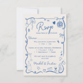 Trendy retro Franse blauw geïllustreerde bruiloft  RSVP Kaartje (Voorkant)