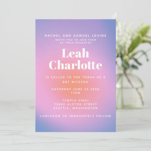 Trendy Retro Gradiënt Roze en Paarse Bat Mitzvah  Kaart (Staand voorkant)