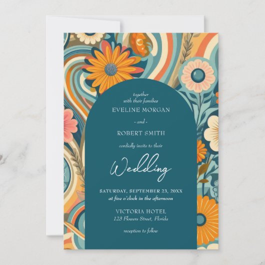 Trendy retro groovy bloemen lente bruiloft kaart (Voorkant)