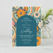 Trendy retro groovy bloemen lente bruiloft kaart (Staand voorkant)
