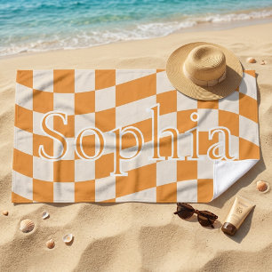 Trendy Retro Oranje Geruite Gepersonaliseerde Naam Strandlaken