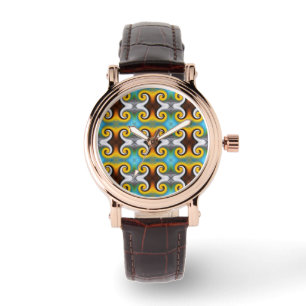 Trendy retro patroon in geel, blauw, bruin, wit horloge