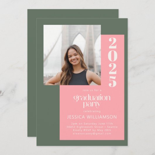 Trendy Retro Pink Green Photo Graduparty Kaart (Voorkant / Achterkant)