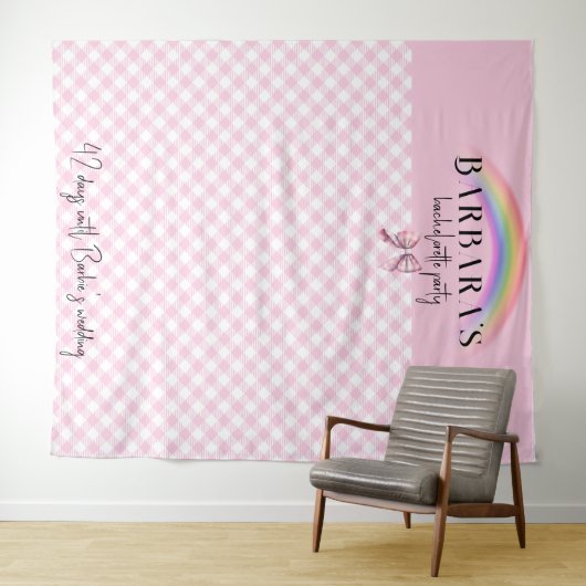 Trendy Retro Plaid Gingham Checkerboard Girly Pink Wandkleed (In Situ (horizontaal))