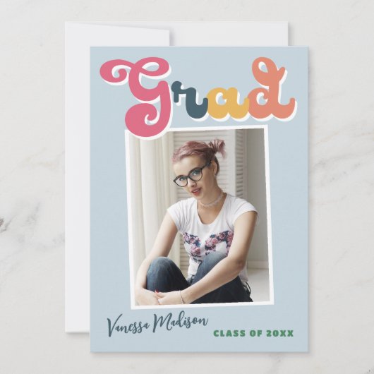 Trendy Retro Style Blue  Boho Photo Afstudeerder Aankondiging (Voorkant)