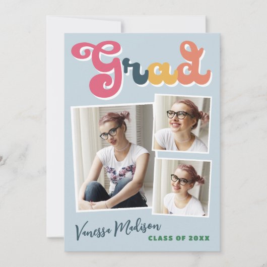 Trendy Retro Style  Boho Blue 3 Foto Afstudeerder Aankondiging (Voorkant)