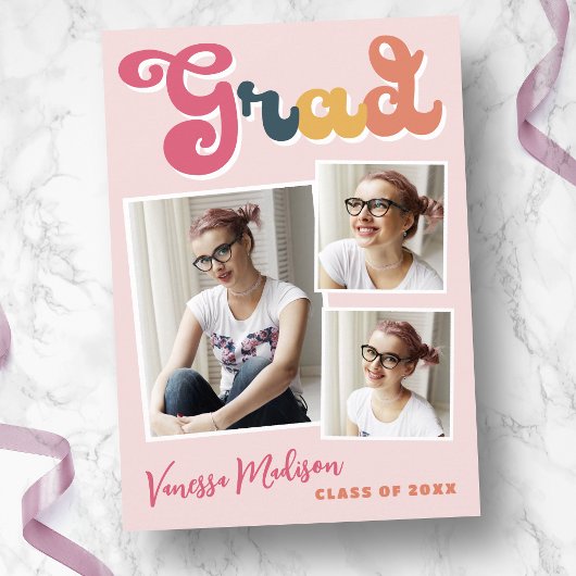 Trendy Retro Style  Boho Pink 3 Foto Afstudeerder Aankondiging