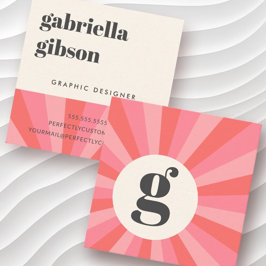 Trendy retro sunburst minimaal monogram roze crème vierkante visitekaartje