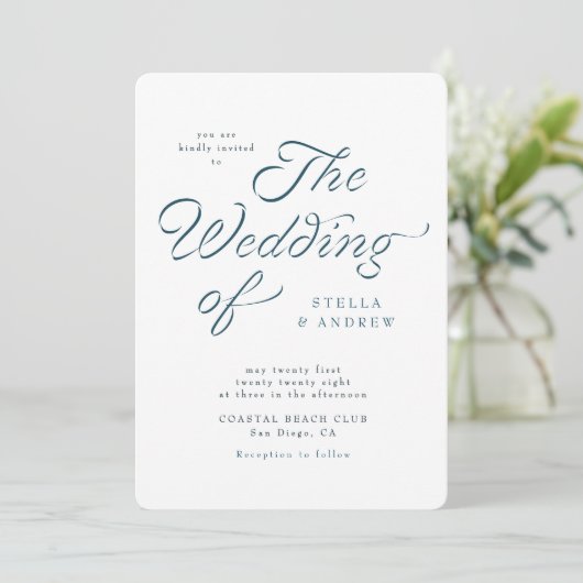 Trendy Ribbon Elegant Script Wedding Invitation Kaart (Staand voorkant)