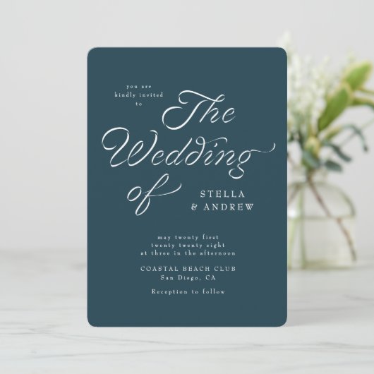 Trendy Ribbon Elegant Script Wedding Invitation Kaart (Staand voorkant)