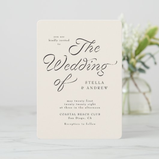 Trendy Ribbon Elegant Script Wedding Invitation Kaart (Staand voorkant)