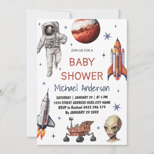 Trendy Rocket Ship Space Galaxy Alien Baby shower Kaart (Voorkant)