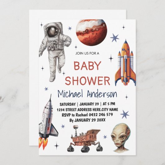 Trendy Rocket Ship Space Galaxy Alien Baby shower Kaart (Voorkant / Achterkant)