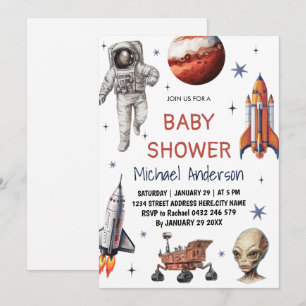 Trendy Rocket Ship Space Galaxy Alien Baby shower Kaart