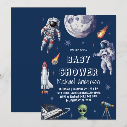Trendy Rocket Ship Space Galaxy Alien Baby shower Kaart (Voorkant / Achterkant)