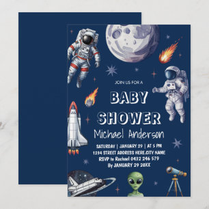 Trendy Rocket Ship Space Galaxy Alien Baby shower Kaart