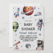 Trendy Rocket Ship Space Galaxy Alien Baby shower Kaart (Voorkant)