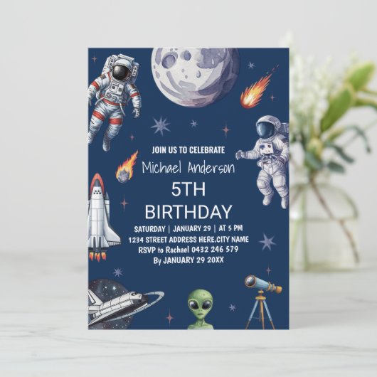 Trendy Rocket Ship Space Planet Galaxy Verjaardag Kaart (Staand voorkant)