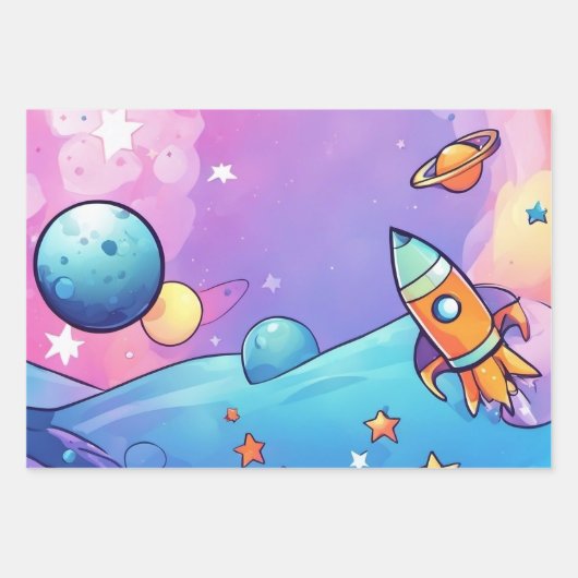 Trendy Rocketship Wrapping Paper Flat Sheet van 3 (Voorkant)