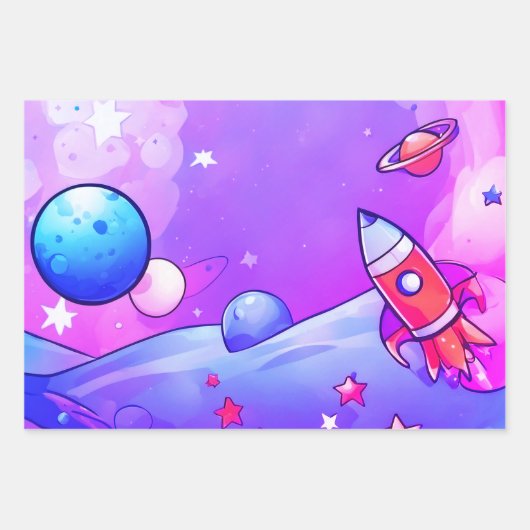 Trendy Rocketship Wrapping Paper Flat Sheet van 3 (Voorkant 3)