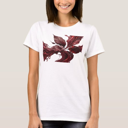 Trendy Rode Abstracte Bladeren Creatieve Print T-shirt (Voorkant)