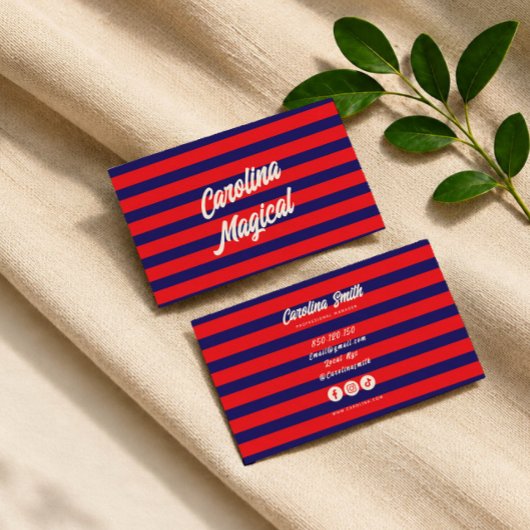 Trendy rode blauwe gestreepte script visitekaartje