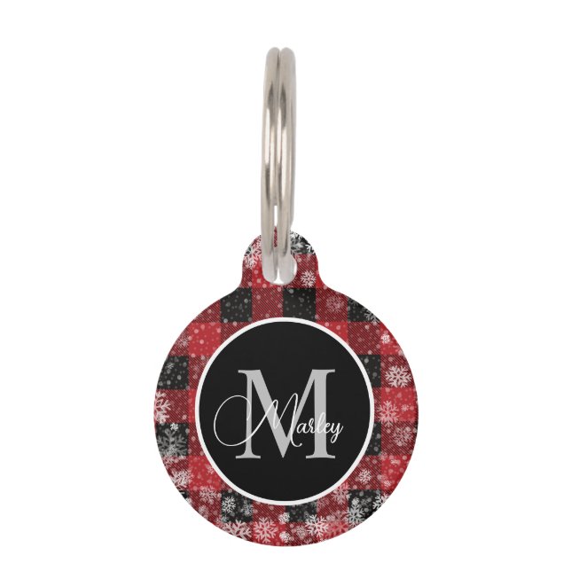 Trendy Rode Buffalo Plaid Sneeuwvlokken Monogram N Huisdierpenning (Voorkant)