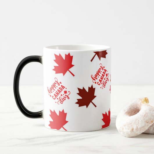 Trendy rode esdoorn laat Happy Canada Day Magische Mok (Met donut)