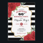 Trendy rode rozen 60e verrassingsverjaardag kaart<br><div class="desc">Dit ontwerp is voorzien van levendige waterverf rode rozen op een zwart-wit gestreepte achtergrond</div>