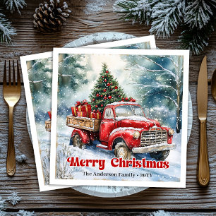 Trendy rode vrachtwagen kerstscene rustieke tafel servet